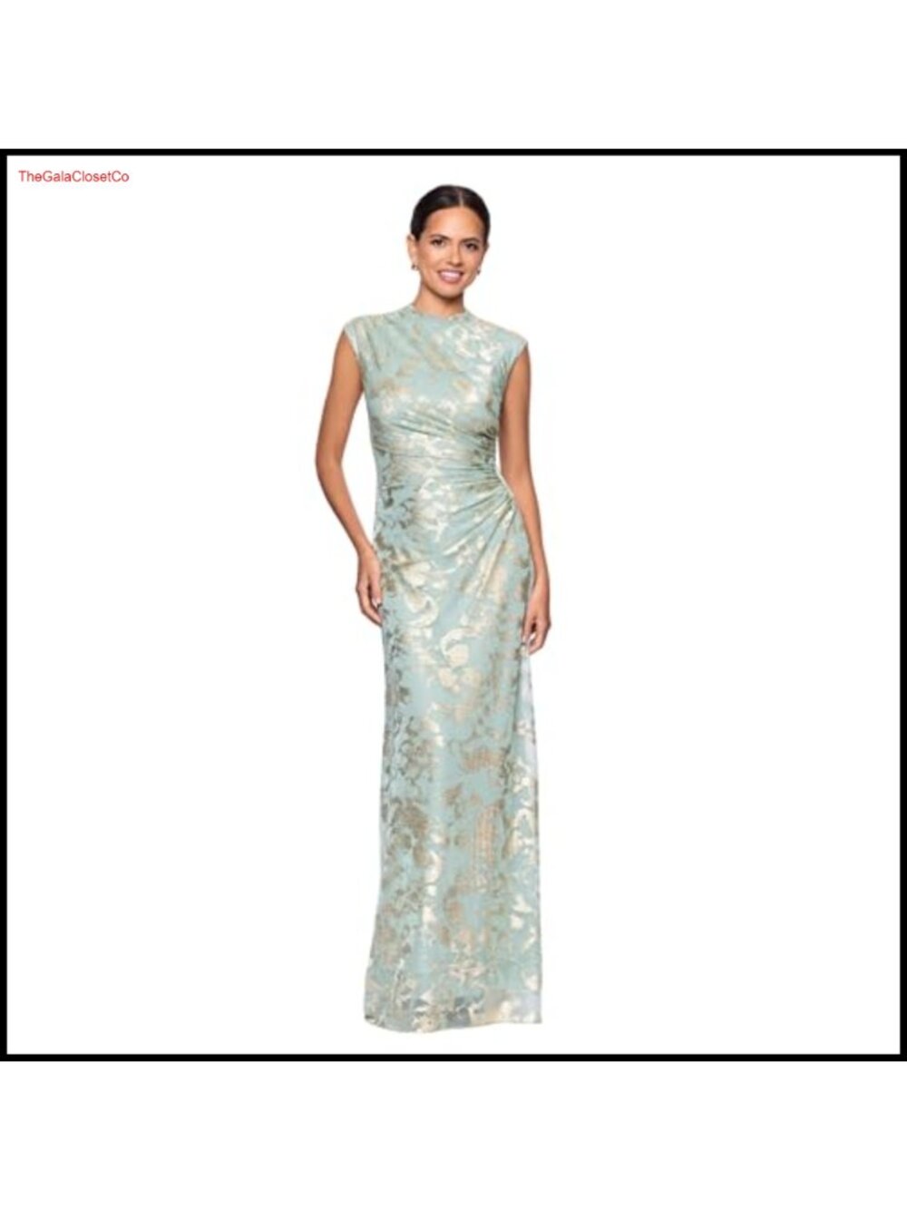 Metallic Floral Print Mock Neck Sleeveless Knit Sheath Gown Ruched Waist Formal